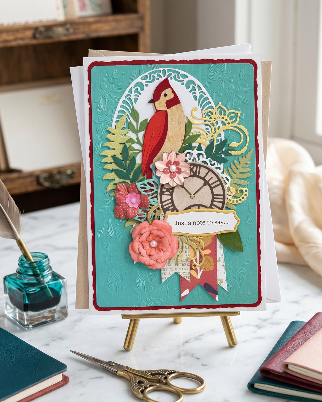 Handmade teal and red cardinal "Just a note to say" card displayed upright on a small wooden easel in a warm styled setting with an ink bottle and craft props alongside. Vivid teal, red and gold tones with a striking bird motif make this a memorable handmade greeting card made in New Zealand by Del Cards NZ.