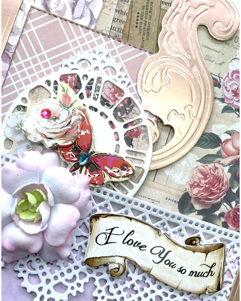 Decorative elements with flowers, butterflies, and a banner on a textured background