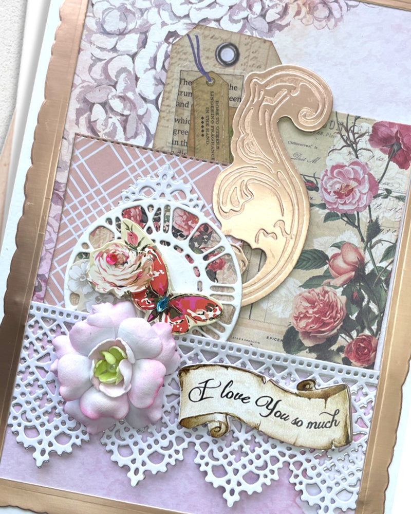 Vintage-style card with floral elements, decorative text, and a butterfly.