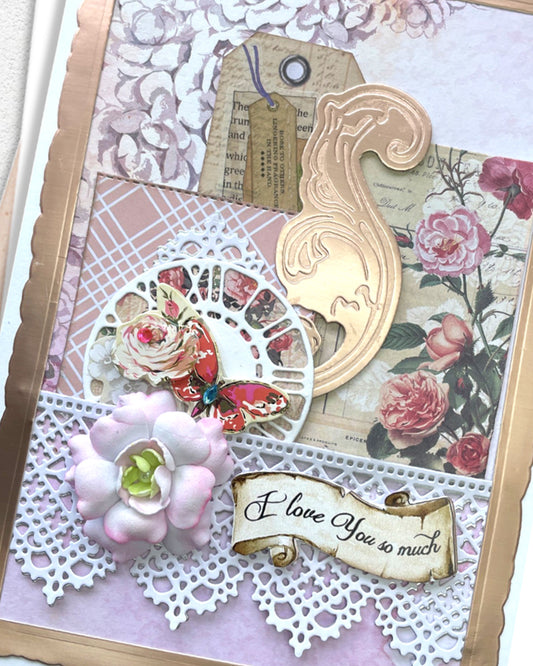 Vintage-style card with floral elements, decorative text, and a butterfly.