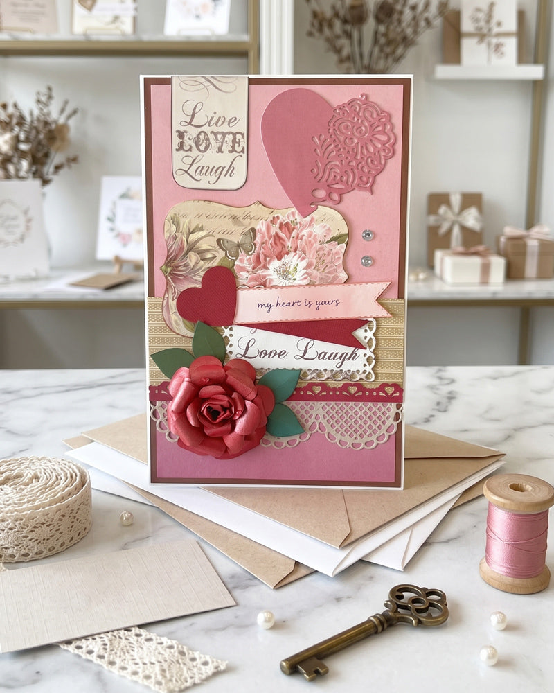 Handmade luxury love card displayed upright on a white surface beside a spool of thread, scissors and craft tools, showing full card design with red rose, lace and vintage floral layers, made by Del Cards NZ