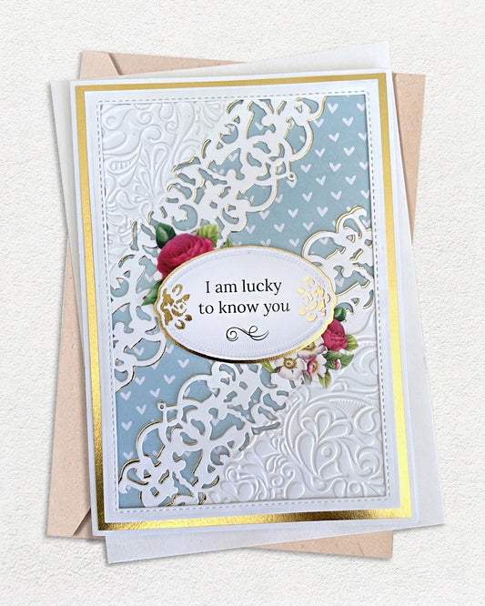 Handmade luxury friendship card on a soft powder blue cardstock base with a gold foil mat. An intricate large-scale white lace and heart filigree die-cut overlay covers the full card face, creating rich texture and depth. A gold-edged oval centrepiece holds a cream sentiment panel reading "I am lucky to know you" in elegant script, with a small hand-applied red and pink rose spray as a delicate accent. White and kraft envelopes visible beneath. Handmade luxury friendship card made in New Zealand.