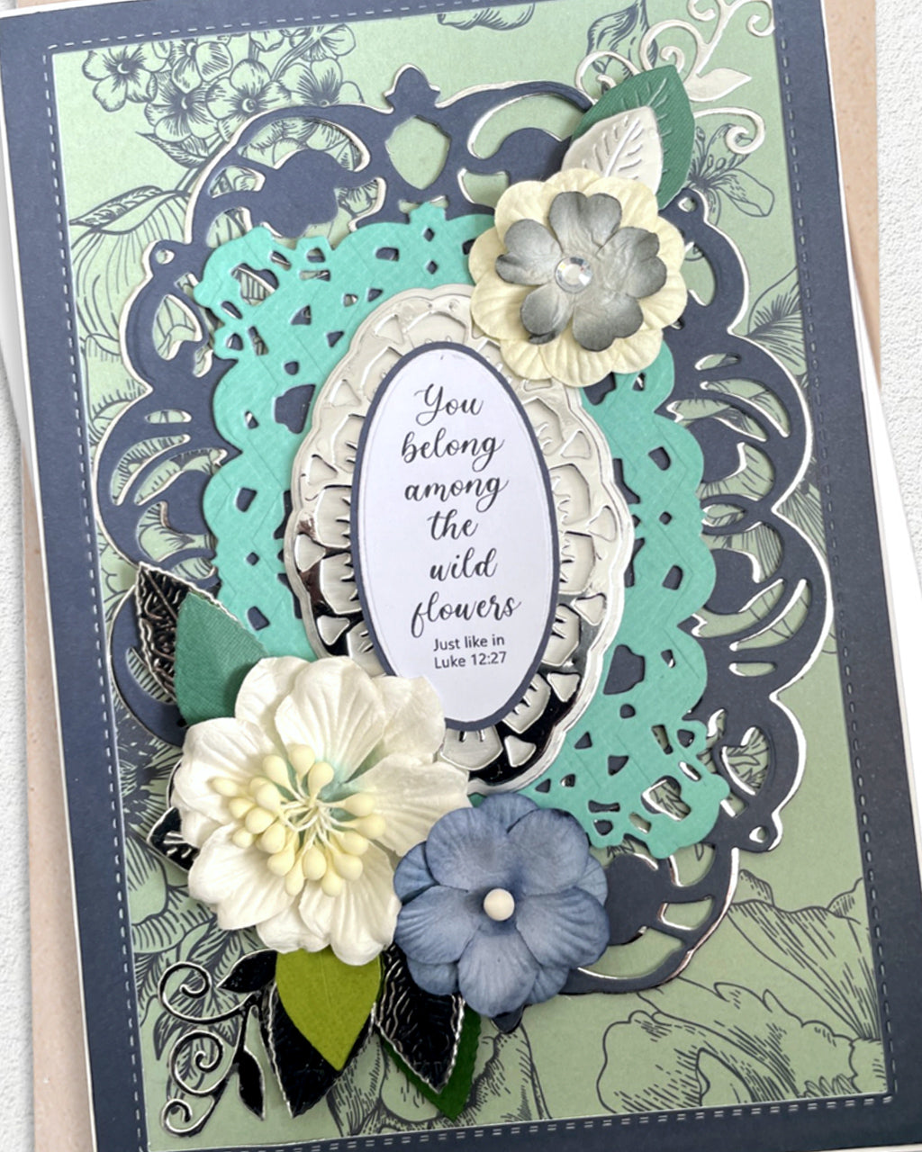 Front detail of Christian Greeting Card made in NZ - You Belong Among the Wild Flowers card with oval sentiment panel, Luke 12:27