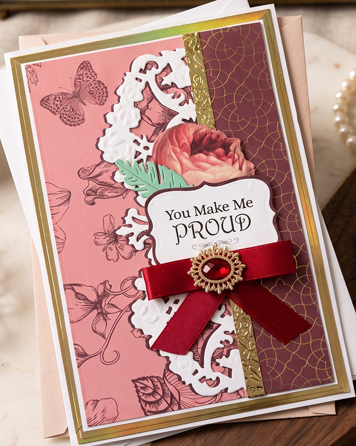 You Make Me Proud Card – Vintage Floral & Gold Design | Handmade in NZ