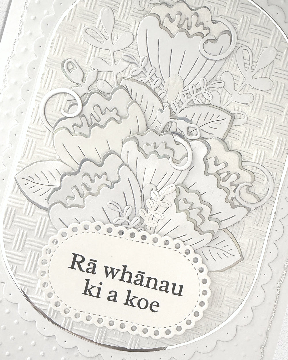 Details of a greeting card with Maori Sentiment, ra whanau ki a koe, happy birthday, made by Del