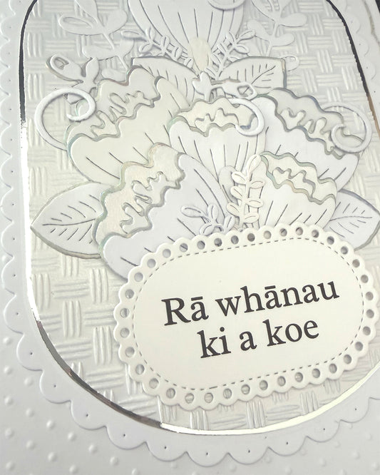 Details of a greeting card with Maori Sentiment, ra whanau ki a koe, happy birthday