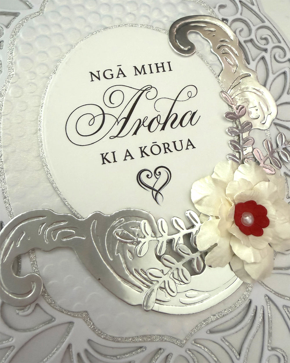 Decorative Maori Wedding card with floral design made in NZ by Del Cards