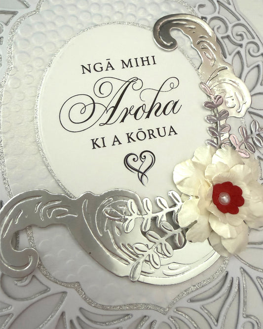 Decorative Maori Wedding card with floral design made in NZ by Del Cards