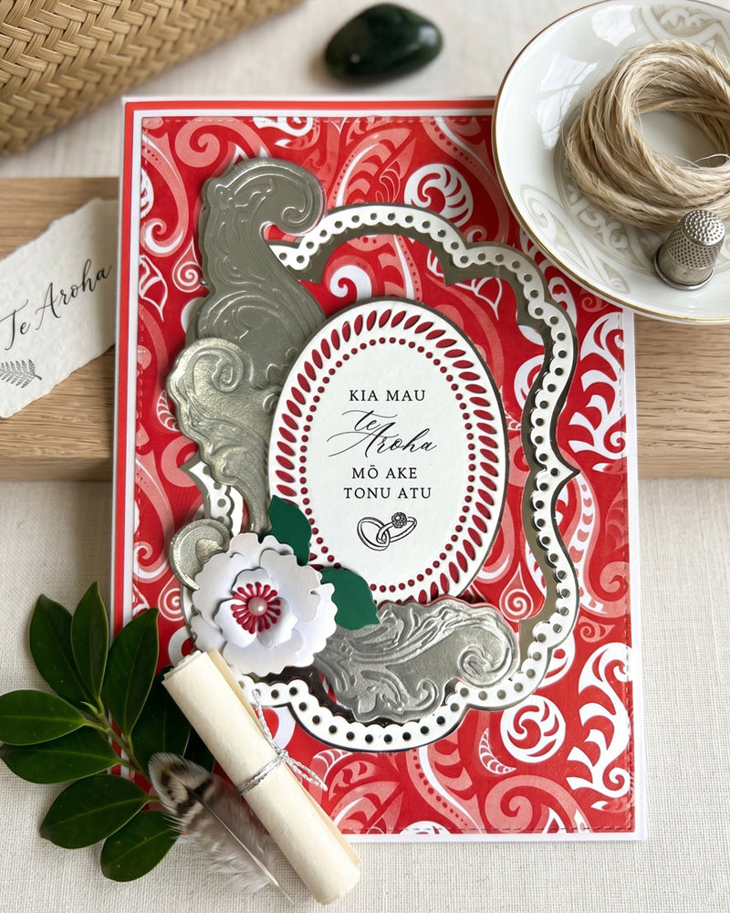 Unique Māori wedding card by Del Cards NZ, fine gems and elegant traditional patterning