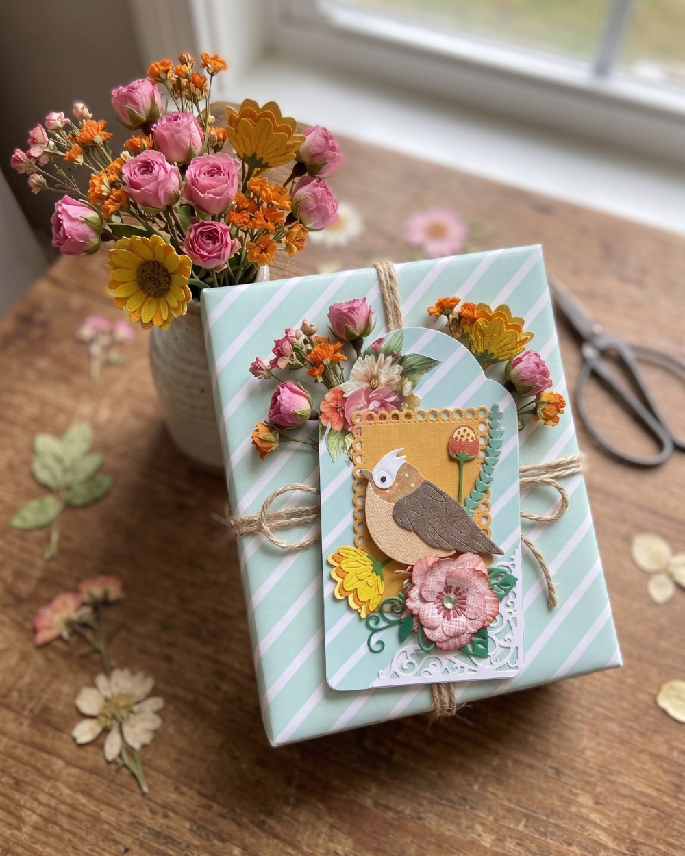 A wrapped gift box with pastel mint green and white diagonal stripes, decorated with dried flowers, twine, and a bird-themed paper tag, set on a wooden table next to a vase of pink and orange flowers.