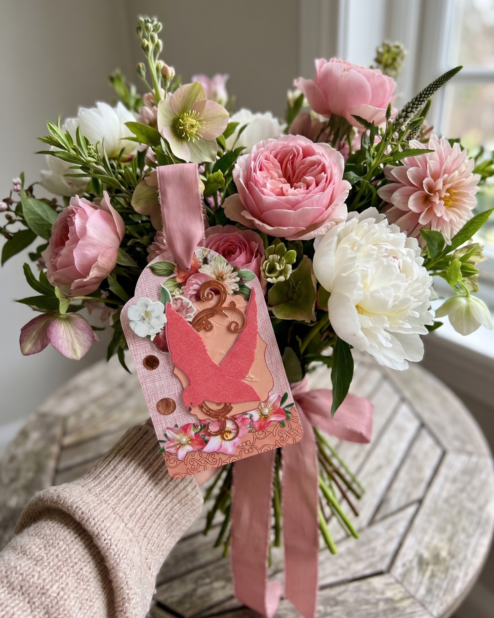 A close-up of a hand holding a bouquet of pink and white flowers, including roses, dahlias, and green foliage, tied with a pink ribbon and decorated with a pink gift tag. The bouquet is held over a rustic wooden table in a softly lit indoor setting.