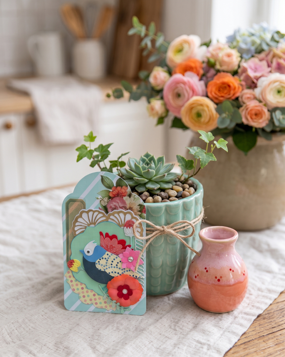 A decorative turquoise planter with a bird illustration and floral accents, holding a succulent and small flowers, styled on a table beside a peach ceramic vase and a large vase of flowers in a softly blurred kitchen setting.