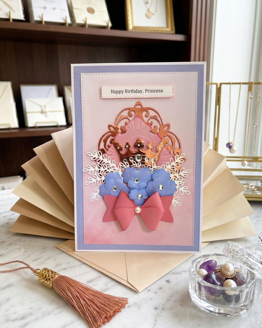 Handmade birthday card for a princess, made in New Zealand by Del