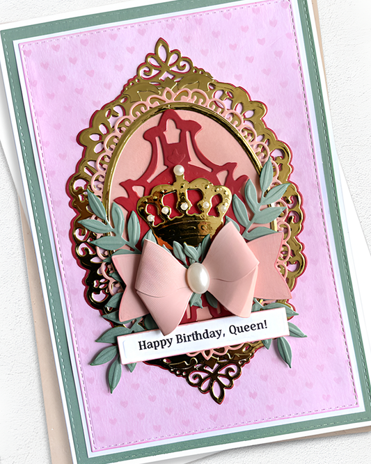Details of handmade queen birthday card by Del Cards NZ, bold and beautiful design with premium embellishments