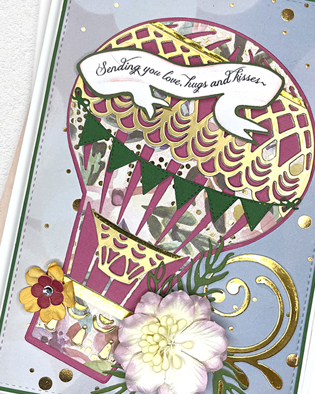 Detail shot of handmade love and friendship card by Del Cards NZ, premium acid-free papers and handcrafted paper flowers
