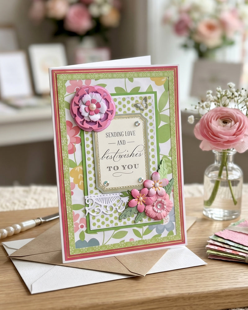Handmade pink and green "Sending Love and best wishes to You" card displayed upright in a bright styled setting with a glass vase of pink ranunculus and stationery alongside. Fresh botanical green and deep pink tones make this a vibrant handmade greeting card made in New Zealand.