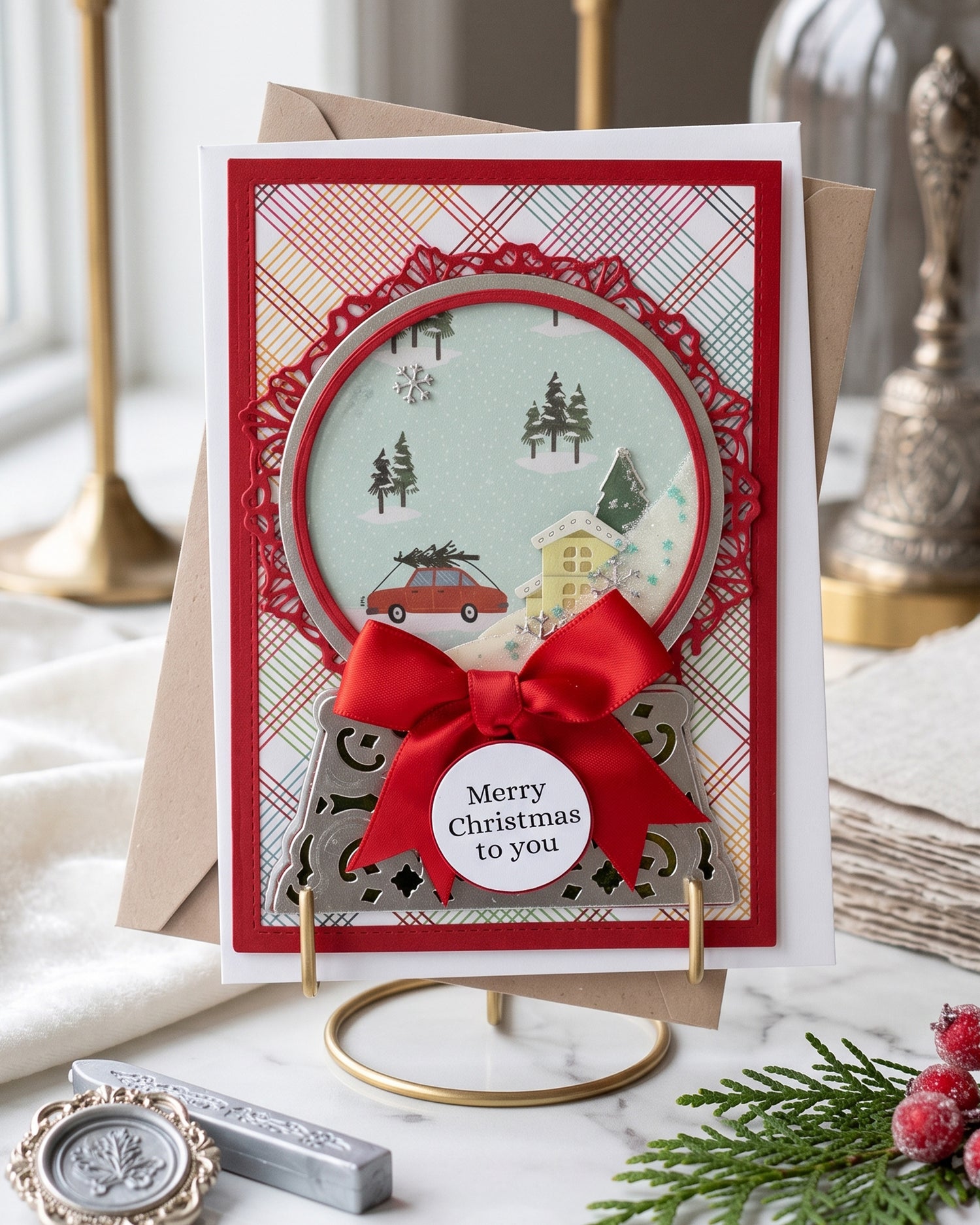 A handmade Christmas greeting card displayed on a gold stand, featuring a red ribbon bow, a red and green plaid border, and a circular layered scene with a red car and house. The card is set on a marble surface with a kraft envelope behind it and holiday greenery in the foreground.