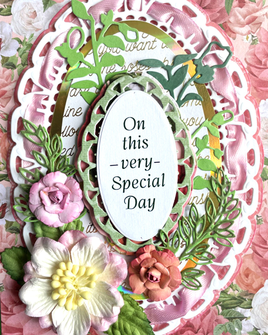 Decorative card with floral elements and text 'On this very special day' on a pink background.