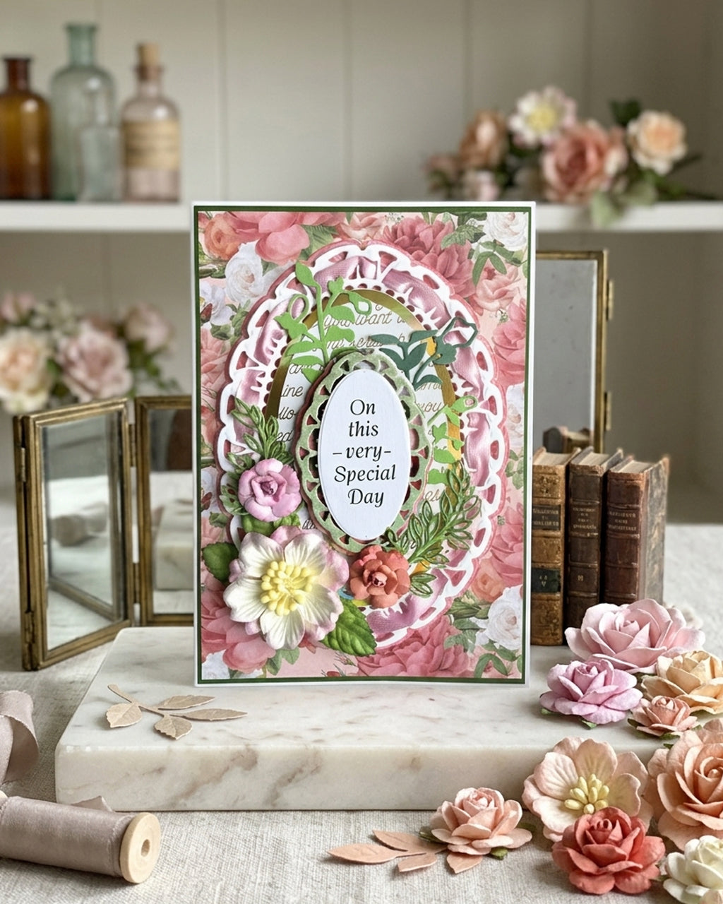 Decorative card with floral design and text on a marble surface with flowers and books made by Del Cards NZ.