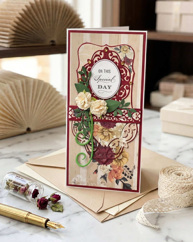 Decorative card with floral design and 'On This Special Day' text on a white background made in New Zealand by Del Cards NZ.