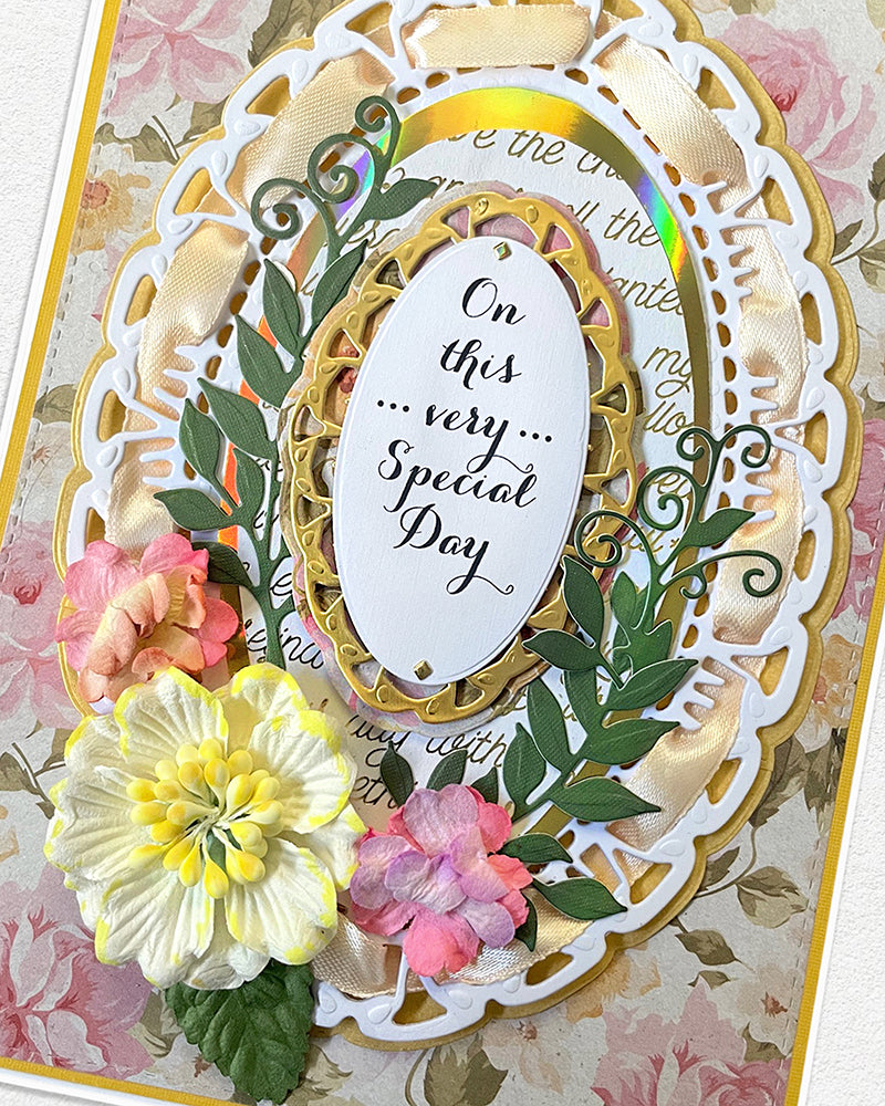 Detail shot of premium handmade greeting card by Del Cards NZ, fine gems and layered premium materials