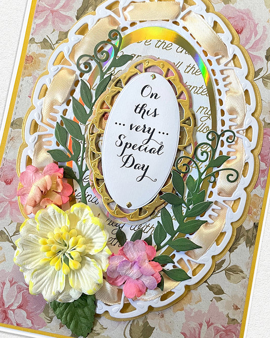 Detail shot of premium handmade greeting card by Del Cards NZ, fine gems and layered premium materials