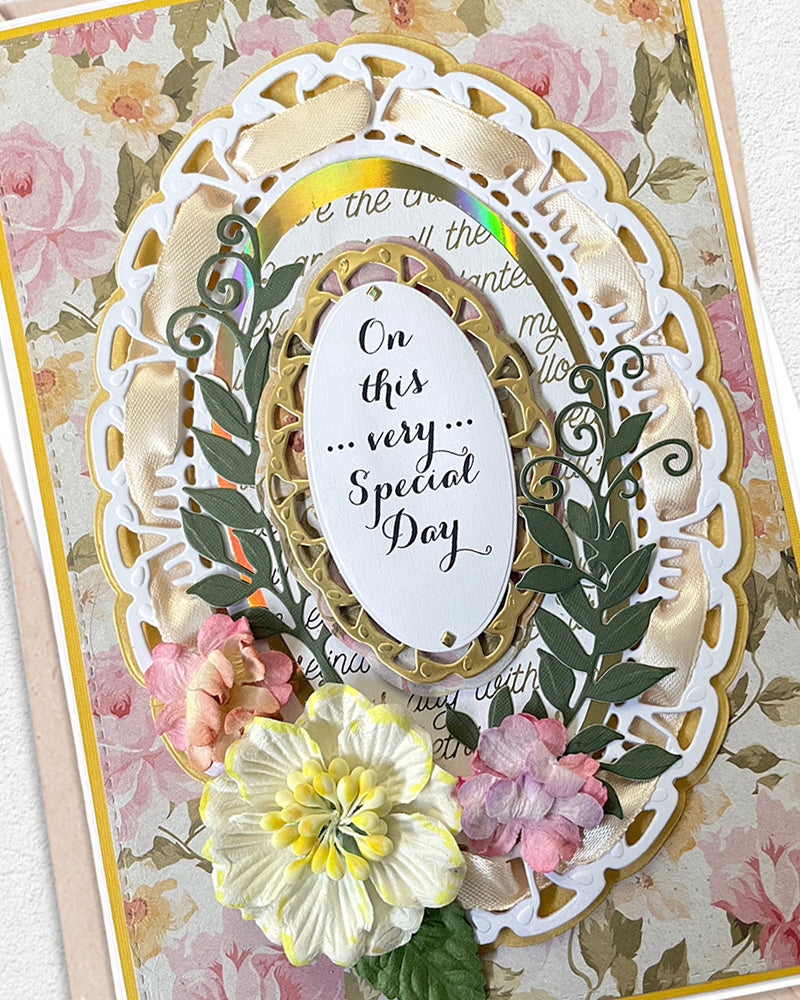 Decorative card with floral elements and text on a floral background