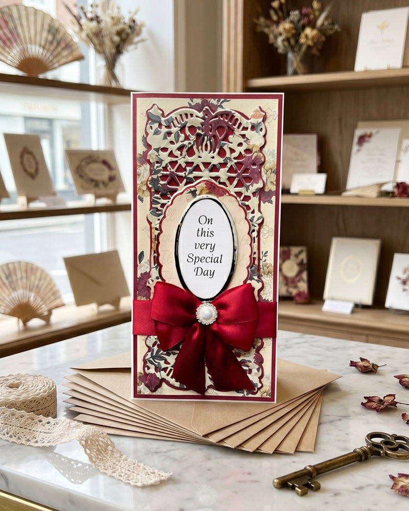 Decorative greeting card with a red bow on a marble surface with other cards and decorative items, made in New Zealand by Del Cards NZ