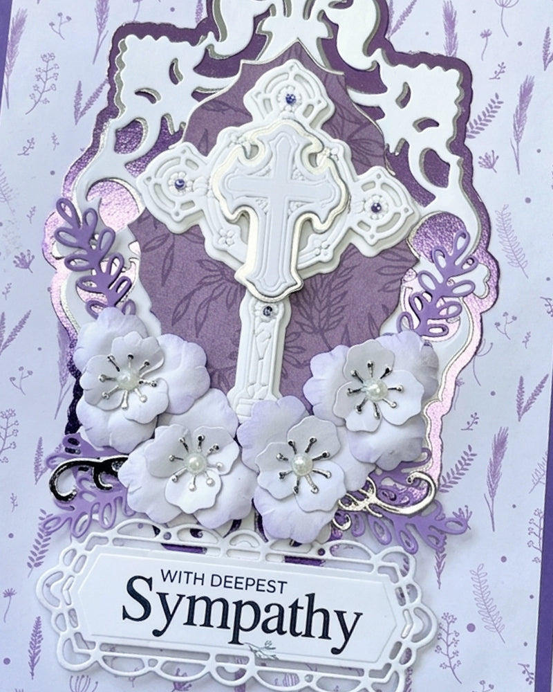 Details of handmade Sympathy card, with flower papers, made in New Zealand by Del Cards NZ.