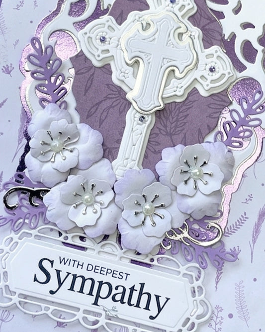 Detail shot of handmade sympathy card by Del Cards NZ, premium layered papers and gentle embellishments