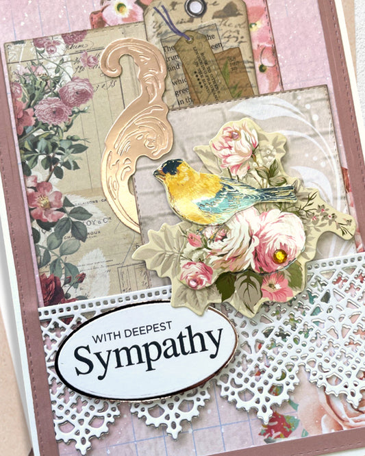 Details of luxury handmade sympathy card by Del Cards NZ, premium layered papers and soft embellishments