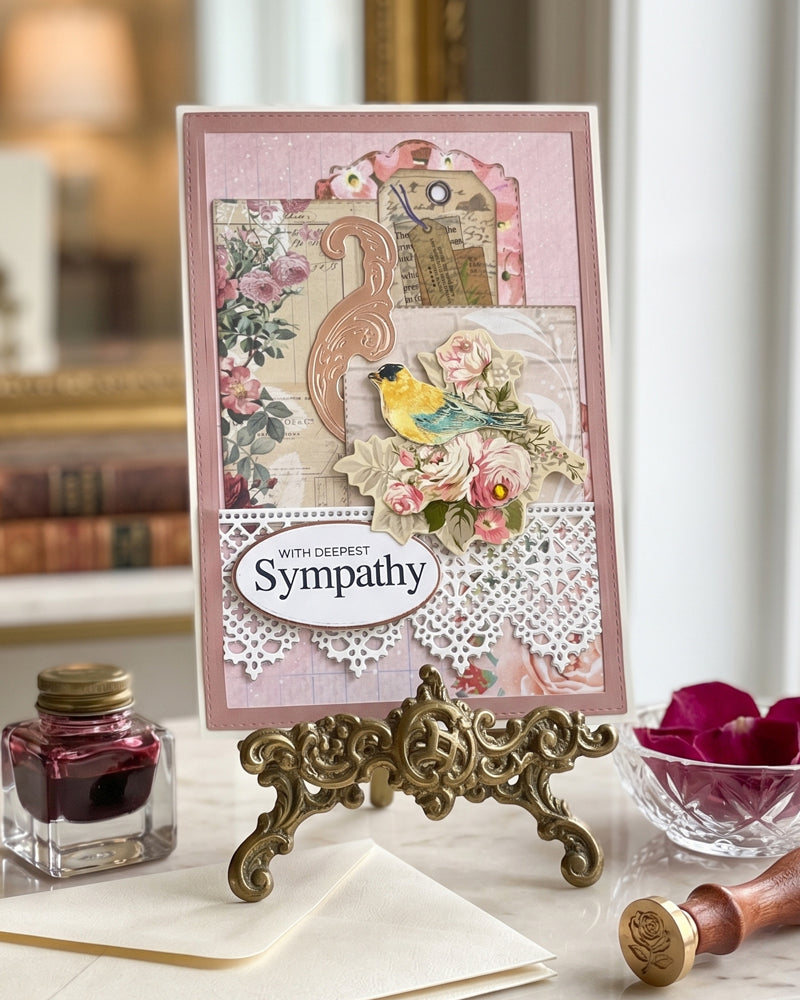 Handmade sympathy card carefully created by Del Cards NZ, adorned with premium papers and soft embellishments.