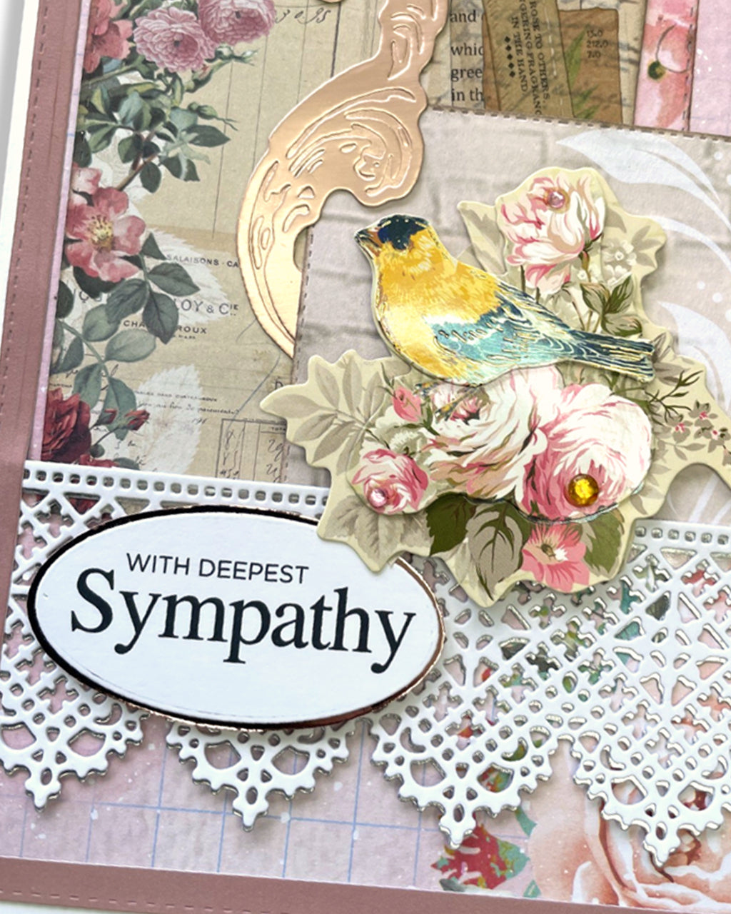 Detail shot of luxury handmade sympathy card by Del Cards NZ, premium layered papers and soft embellishments