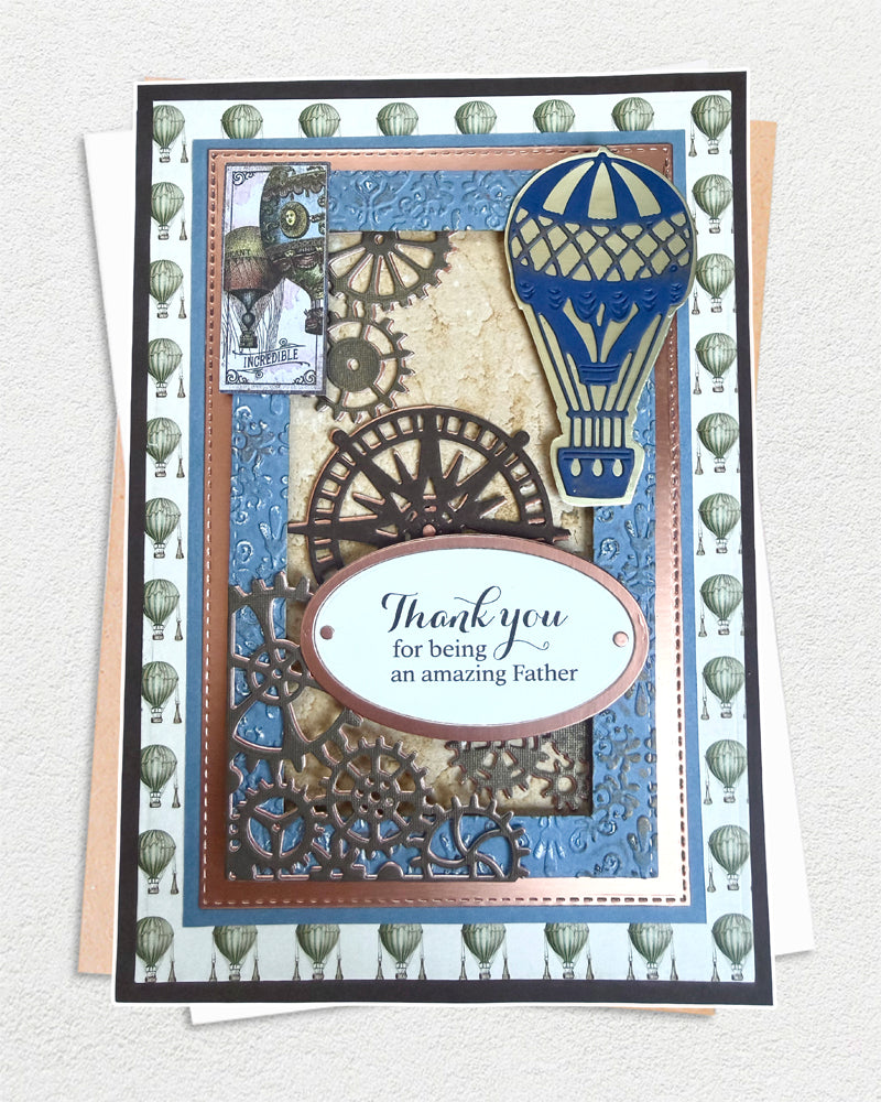 Greeting card with hot air balloon design and 'Thank you for being an amazing father' text on a textured background.