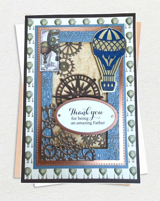 Greeting card with hot air balloon design and 'Thank you for being an amazing father' text on a textured background.