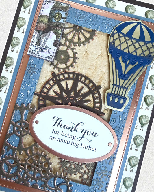 Greeting card with hot air balloons, gears, and a 'Thank you for being an amazing Father' message.