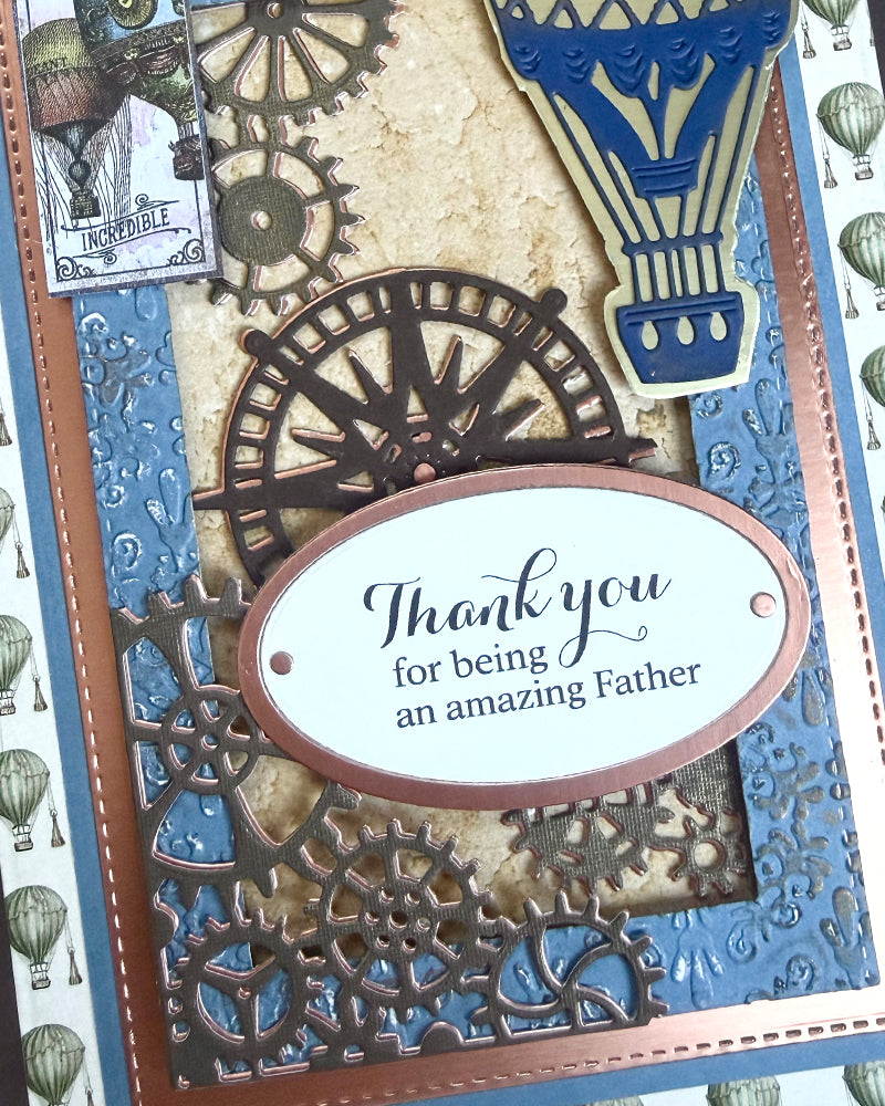 Greeting card with steam punk design elements and 'Thank you for being an amazing Father' message.
