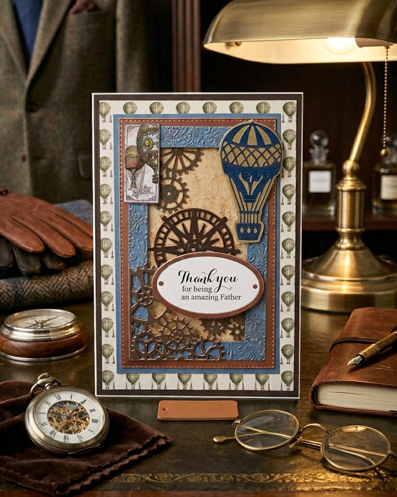 Decorative card with vintage design elements on a desk with a lamp and books.
