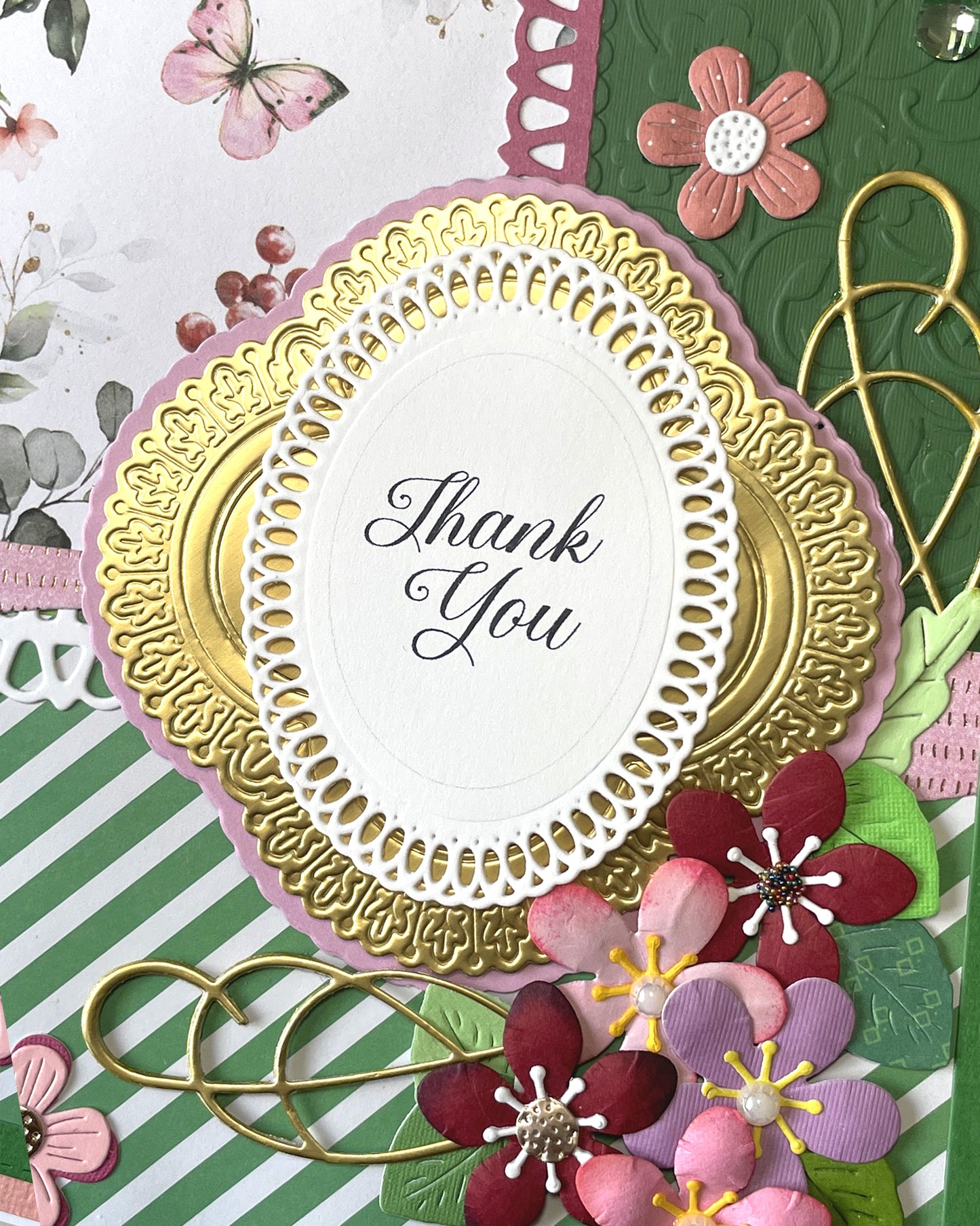 A luxury handmade thank you card with layered paper flowers in soft blush tones. Made by hand in New Zealand.