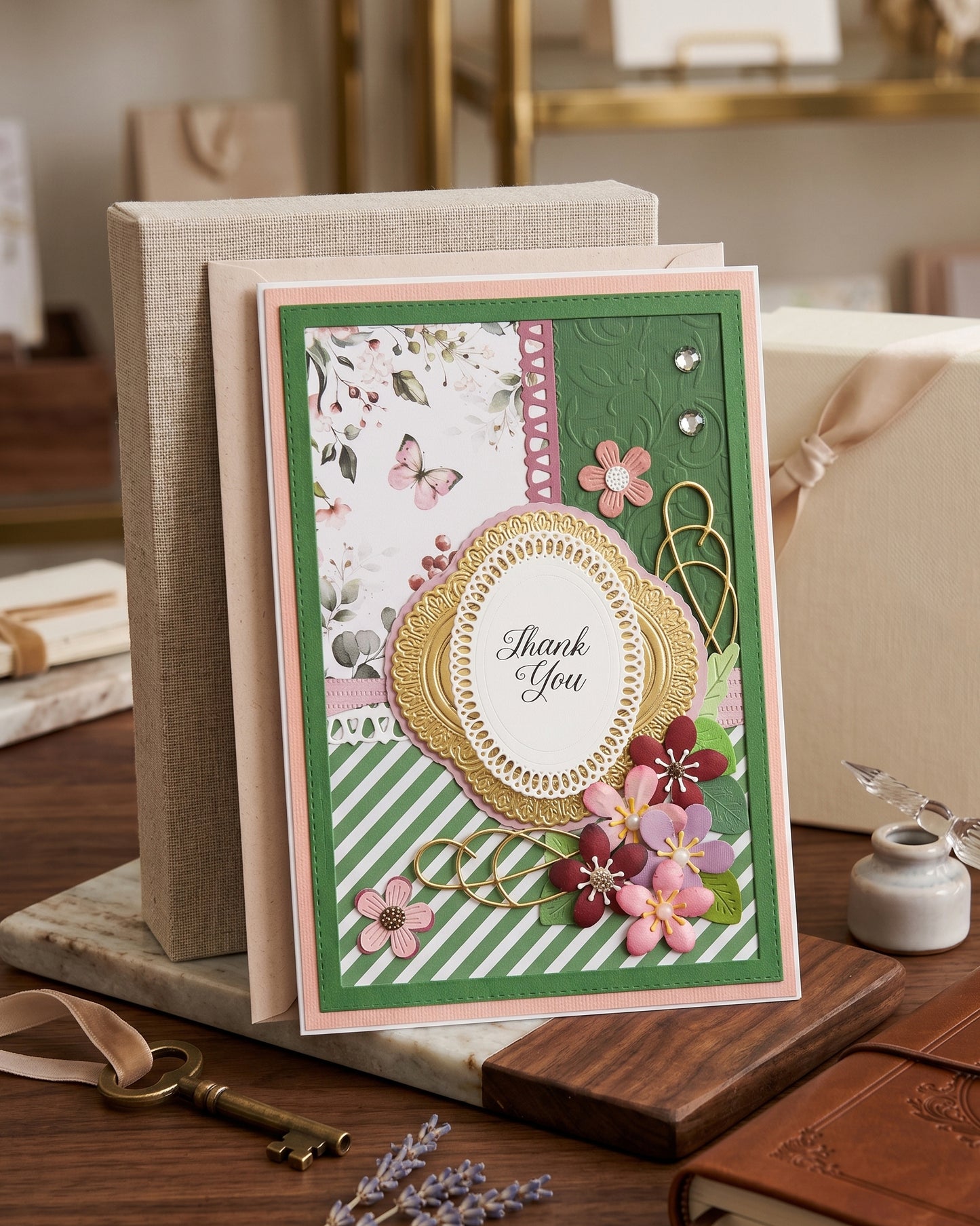 A luxury handmade thank you card with layered paper flowers in soft blush tones. Made by hand in New Zealand.