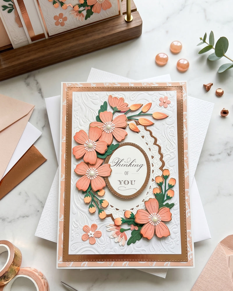 Handmade coral and white "Thinking of You" card displayed flat in a soft styled setting with ribbon, washi tape and natural props alongside. Warm peach and coral tones with hand-crafted paper florals make this a delicate, heartfelt handmade card made in New Zealand by Del.