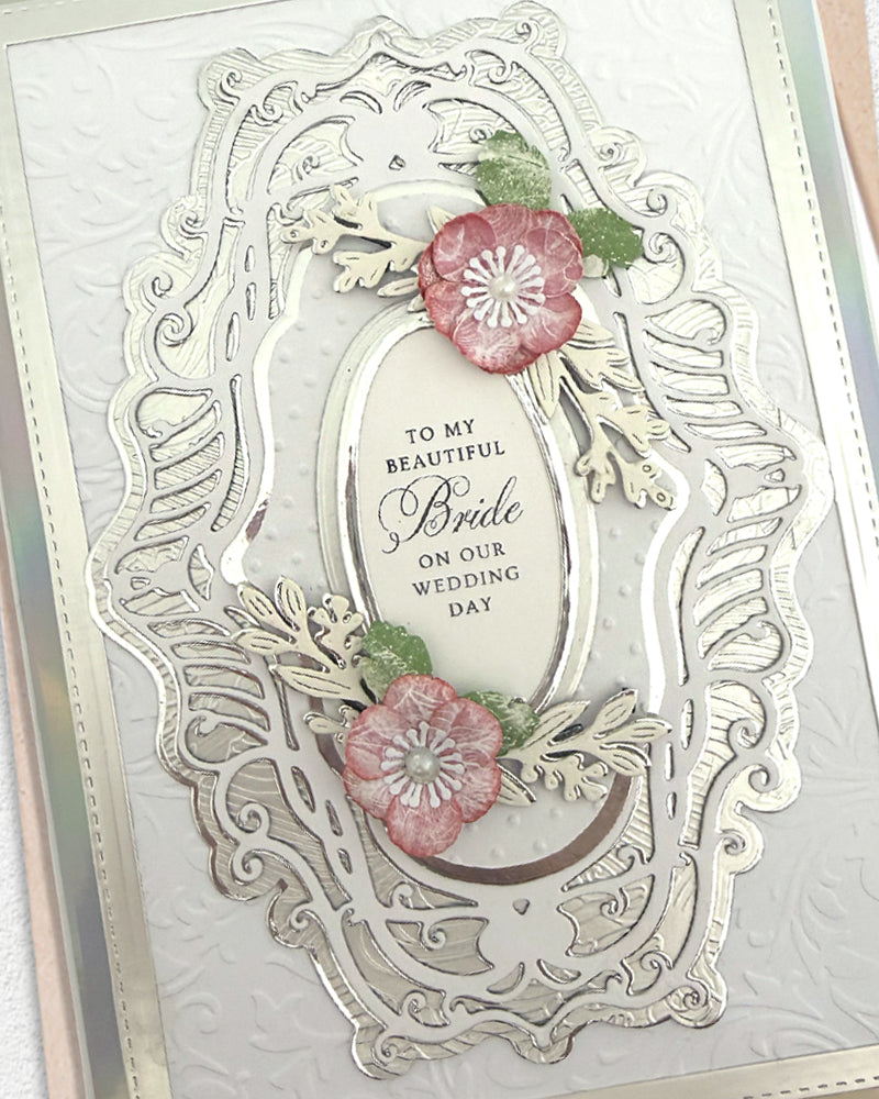 Wedding card for a beautiful bride with floral decorations and elegant text.