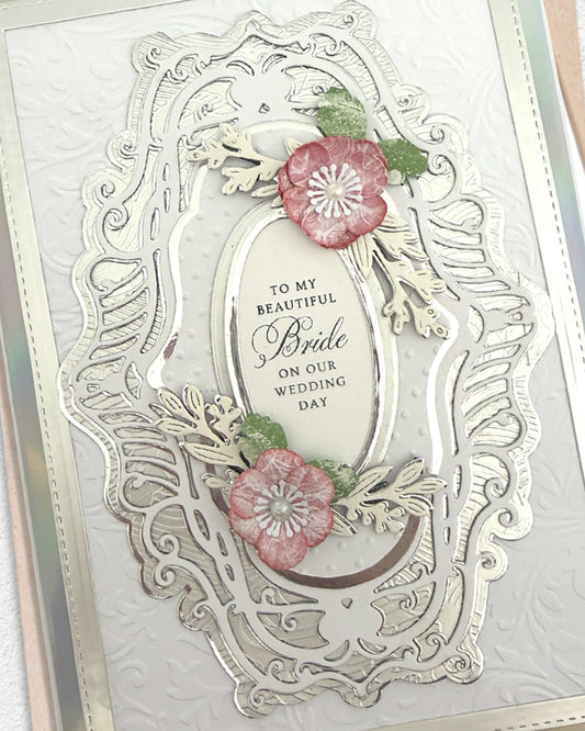 Wedding card for a beautiful bride with floral decorations and elegant text.
