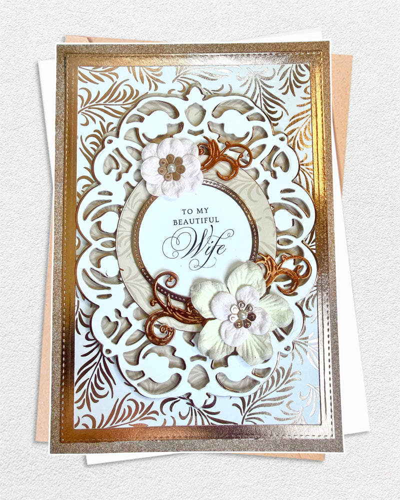 Luxury handmade card for my beautiful wife, made with elegant embellishments, made in New Zealand by Del Cards NZ