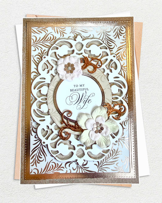 Luxury handmade card for my beautiful wife, made with elegant embellishments, made in New Zealand by Del Cards NZ