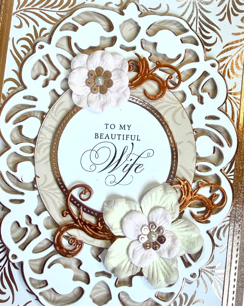 Greeting card with floral designs and 'To my Beautiful Wife' text on a decorative background.