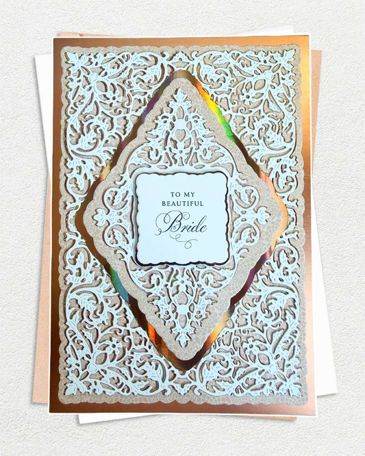 Greeting Card card with 'To my beautiful Bride' perfect for anniversaries, made in New Zealand by Del Cards NZ.