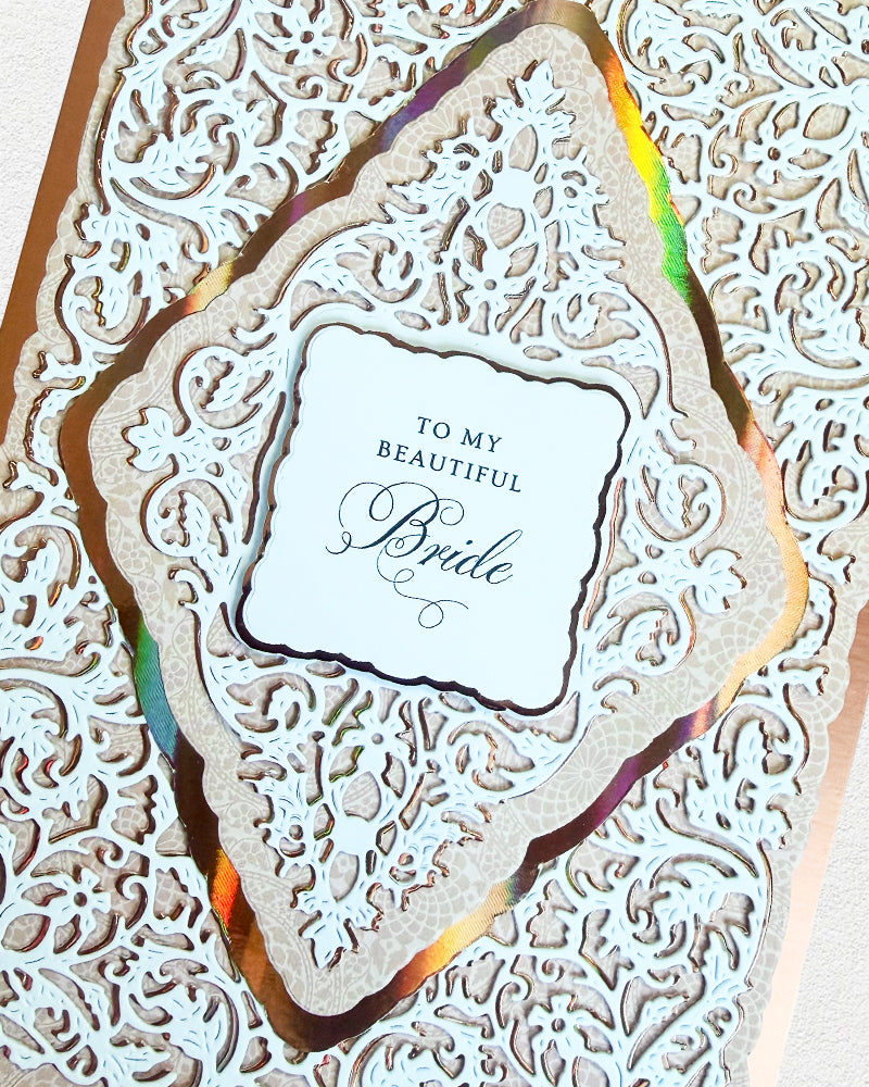 Details of Greeting Card card with 'To my beautiful Bride' perfect for anniversaries, made in New Zealand by Del Cards NZ.