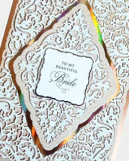 Details of Greeting Card card with 'To my beautiful Bride' perfect for anniversaries, made in New Zealand by Del Cards NZ.