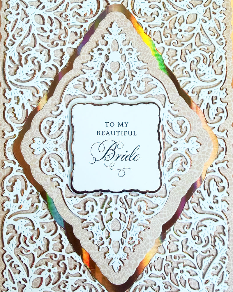 Unique card card with 'To my beautiful Bride' perfect for anniversaries, made in New Zealand by Del Cards NZ.